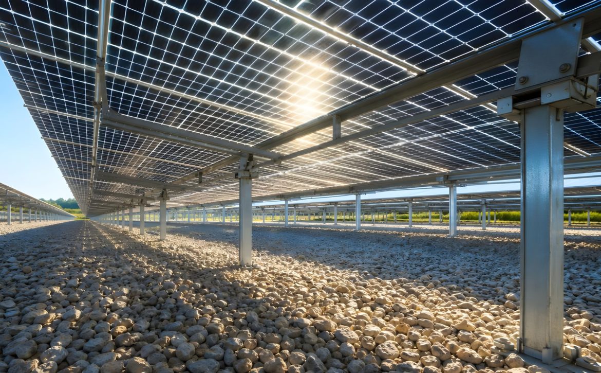 Bifacial Solar Panels Above Pale Gravel Capture Sunlight from Both Sides for Renewable Energy Promotion